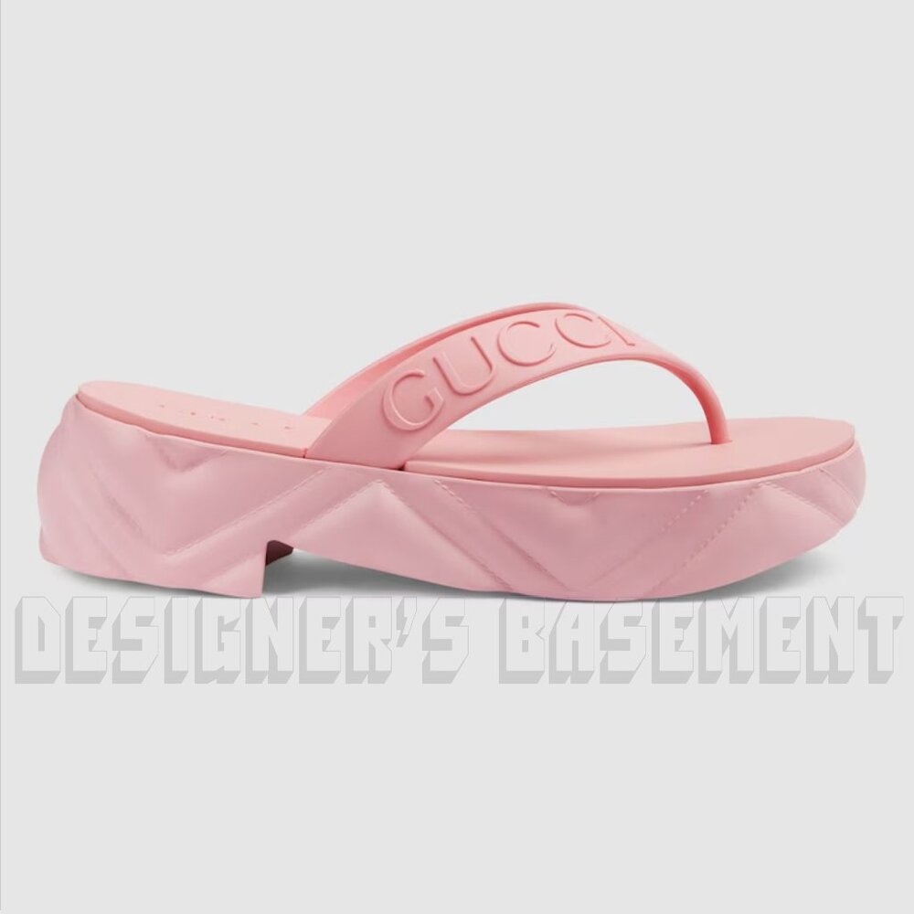 GUCCI pink rubber 38 -8US Logo Thong Matelasse quilt Platform Slides sandals NIB - Picture 11 of 13